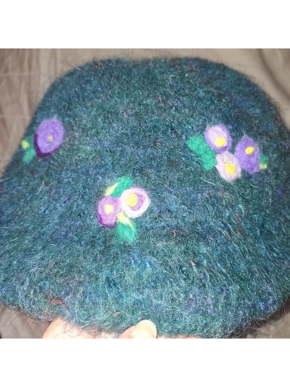Green Purple Wool Felted Floral Winter Hat Large
